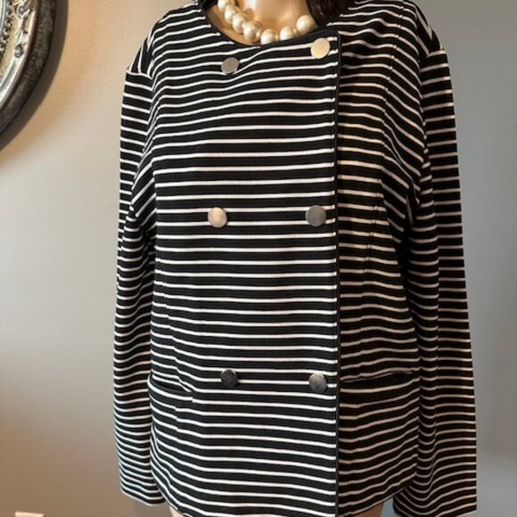 NWOT ISAAC MIZRAHI IMNYC COLLARLESS DOUBLE-BREASTED B/W JACKET - SZ L - Picture 1 of 6